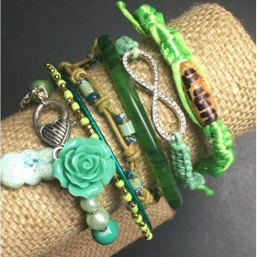 Green Bracelet Lot Silver Gold Sparkle Woven Peep Rose Lock Infinity Heart Neon